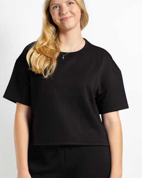 Black Taylor Crew Neck, short sleeves, relaxed fit. Sizes available.