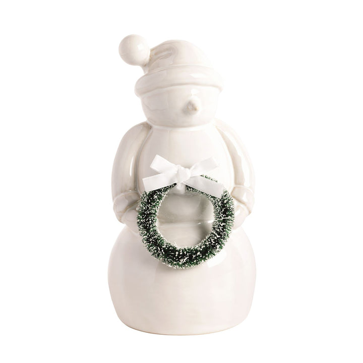 Ceramic Snowman with hat and wreath, available in multiple sizes.