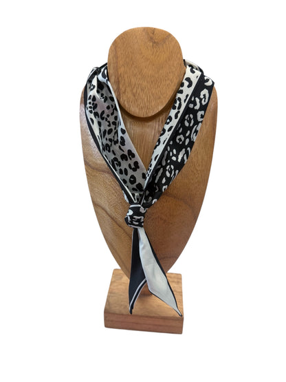 Black and white leopard print silk scarf necklace. Available sizes: small, medium, large.