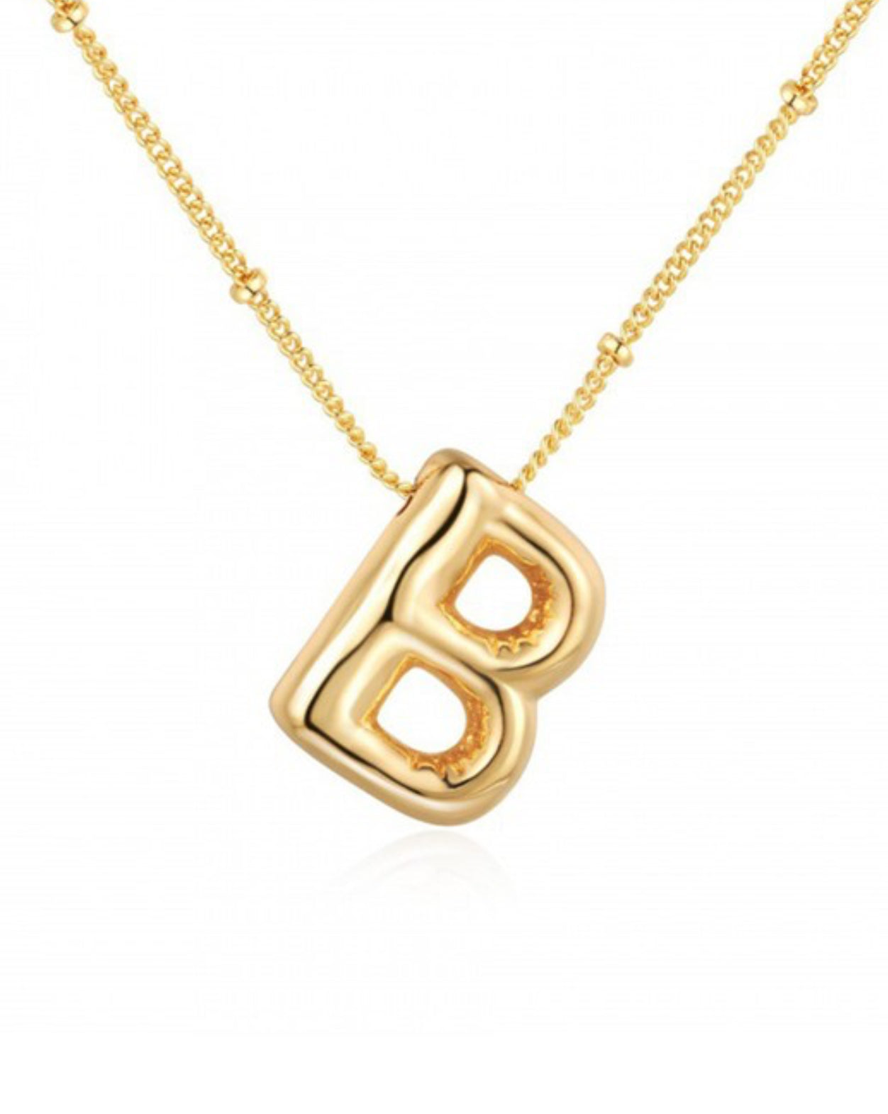 This is a Personalized Bubble Balloon Initial Necklace presenting a unique design comprising two interlocking squares. The pendant exhibits textured centers which add an elegant and sophisticated detail to the piece. The pendant hangs from a delicate, refined bead chain necklace. This product comes in one standard size only.