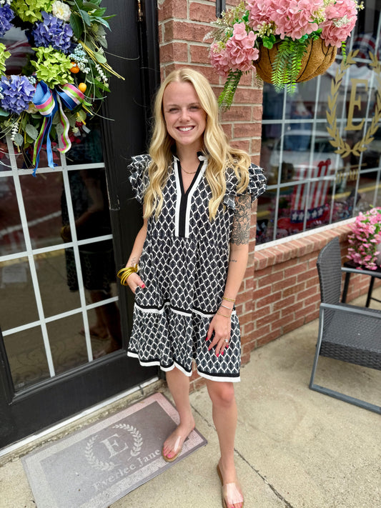 Black Ruffle Baroque Pattern Tiered Dress, available in sizes XS-XL.