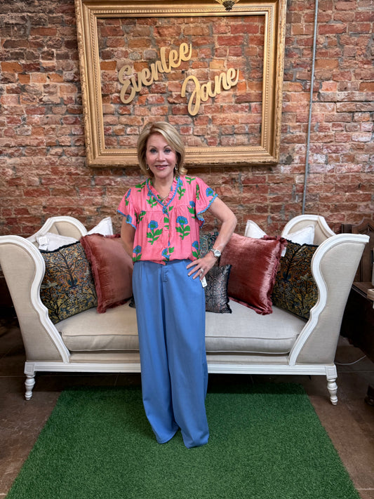 Floral Button Front Ruffle Sleeve Top, available in sizes S-XL.