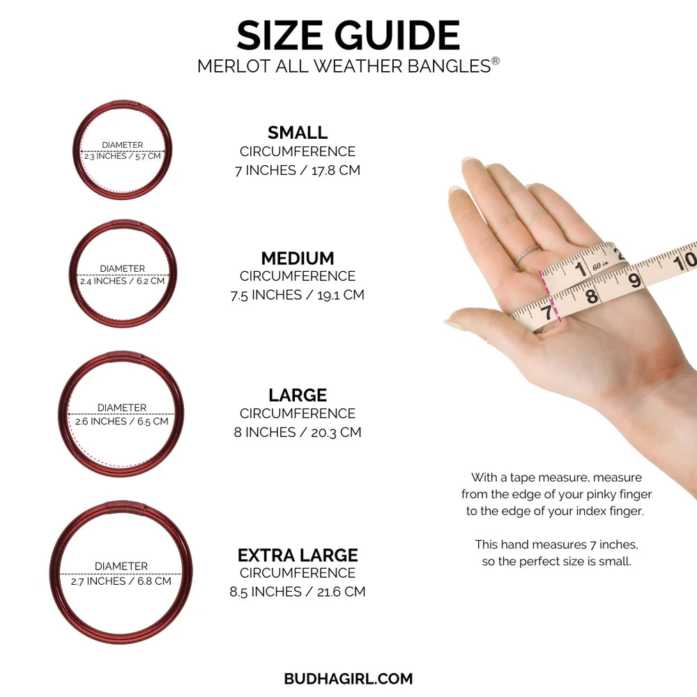 Merlot All Weather Bangles size guide displays four available sizes. Waterproof, TSA-friendly bangles designed for everyday use and travel.