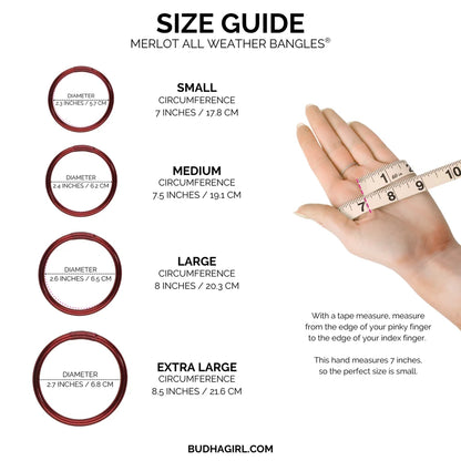Merlot All Weather Bangles size guide displays four available sizes. Waterproof, TSA-friendly bangles designed for everyday use and travel.