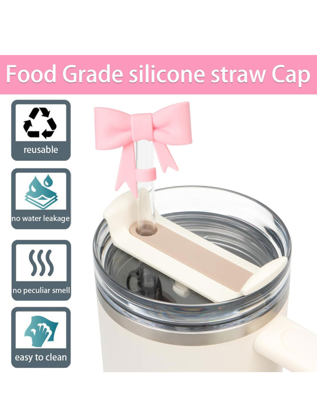 Pink, bow-shaped silicone straw covers for tumblers; reusable, leak-proof, odorless, easy to clean. Available in large size.