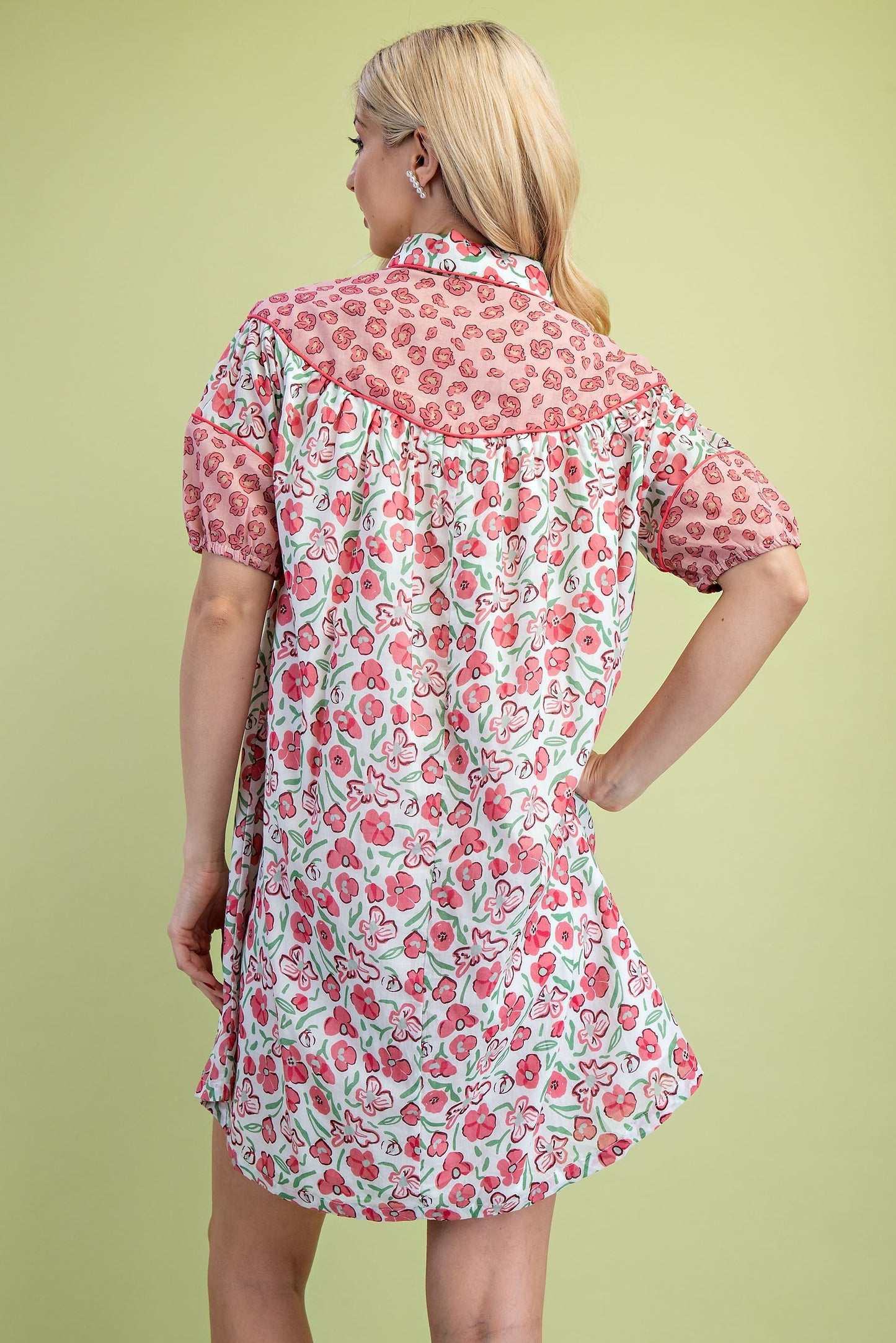 Miss Peony Floral Dress: short sleeves, knee length, pink/red floral print, contrasting pink yoke. Sizes XS–XL available.