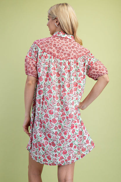 Miss Peony Floral Dress: short sleeves, knee length, pink/red floral print, contrasting pink yoke. Sizes XS–XL available.