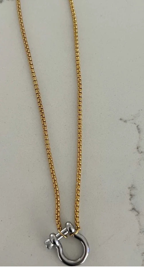 Gunmetal and Gold Necklace with delicate chain and unique silver-tone clasp shaped like a small shackle with screw pin closure. Available in 16" and 18".