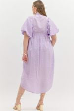Flowing Lavender Midi Dress with puff sleeves. Available in sizes XS–XL.