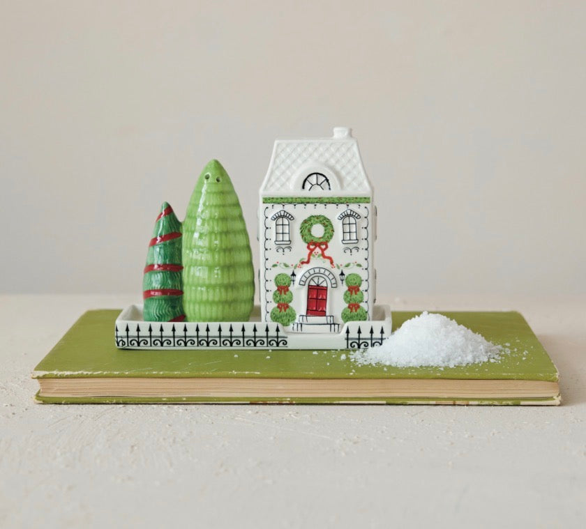 Christmas Village Salt &amp; Pepper Shakers, ceramic holiday house and evergreen tree shakers.