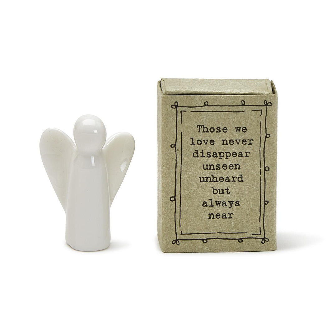 White ceramic Matchbox Angel in gift box with heartfelt saying; available in sizes 2", 3", and 4".