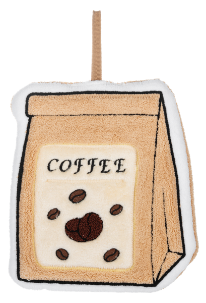Beige and brown hand towels with an embroidered coffee bag patch labeled “COFFEE” and coffee beans; top loop for hanging. Available in standard and large sizes.