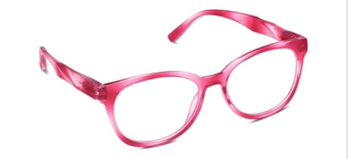 Virginia Pink blue light glasses featuring rounded rectangular lenses and slightly curved temples, with a glossy finish. Available sizes: S, M, L.