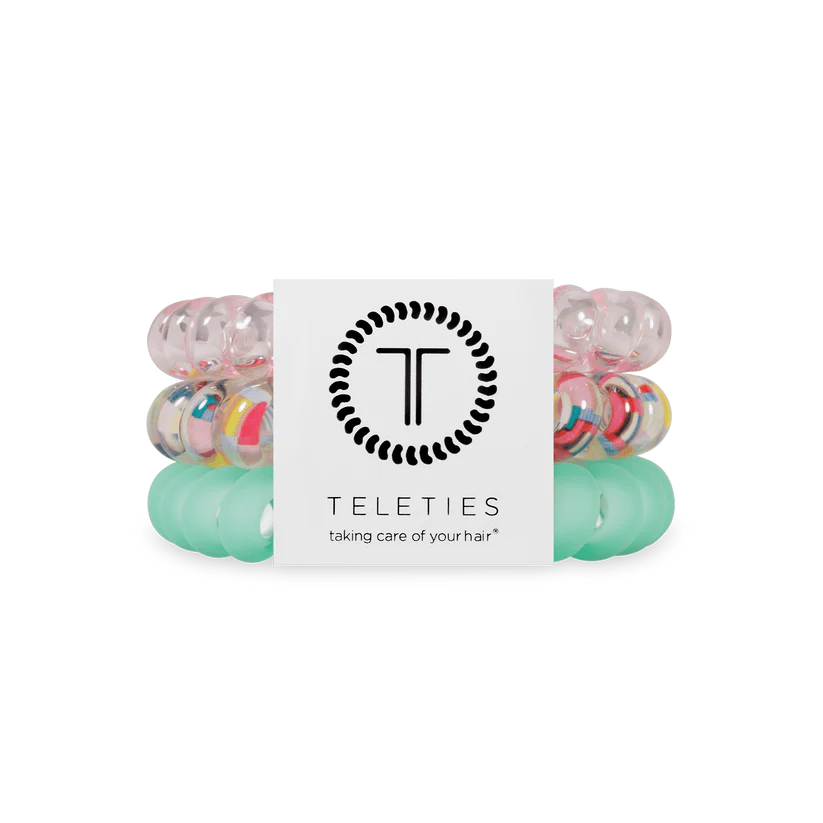 Classic Blue Lagoon TELETIES: 3 spiral hair ties (clear, colorful, mint green) on branded card. Available in small and large.