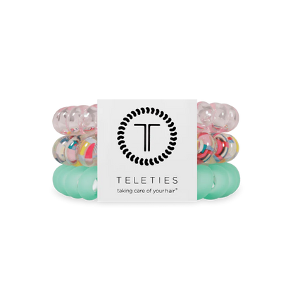 Classic Blue Lagoon TELETIES: 3 spiral hair ties (clear, colorful, mint green) on branded card. Available in small and large.
