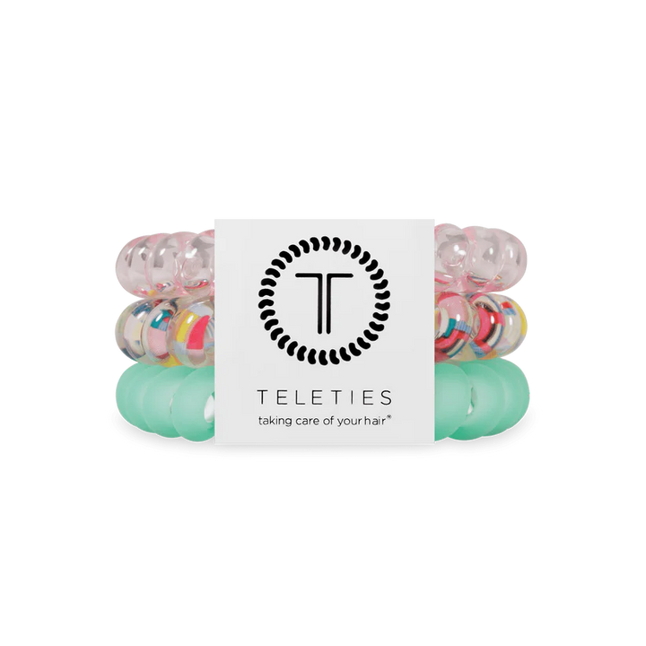 Classic Blue Lagoon TELETIES: 3 spiral hair ties (clear, colorful, mint green) on branded card. Available in small and large.