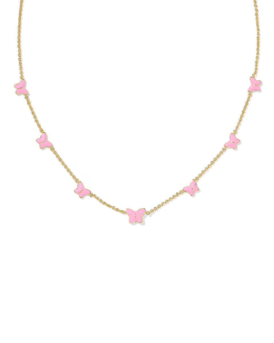 Gold chain necklace with glossy pink butterfly charms. Available in 16", 18", and 20" lengths. Inspired by Kendra Scott.