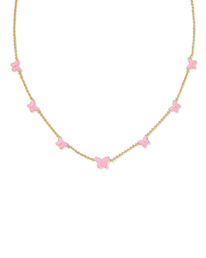 Gold chain necklace with glossy pink butterfly charms. Available in 16", 18", and 20" lengths. Inspired by Kendra Scott.