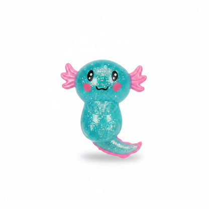 Cute Axolotl Squeeze Toy with glittery blue finish, pink gills, rosy cheeks, wide smile, and curled tail; offers stress relief and sensory engagement. Available in multiple sizes.