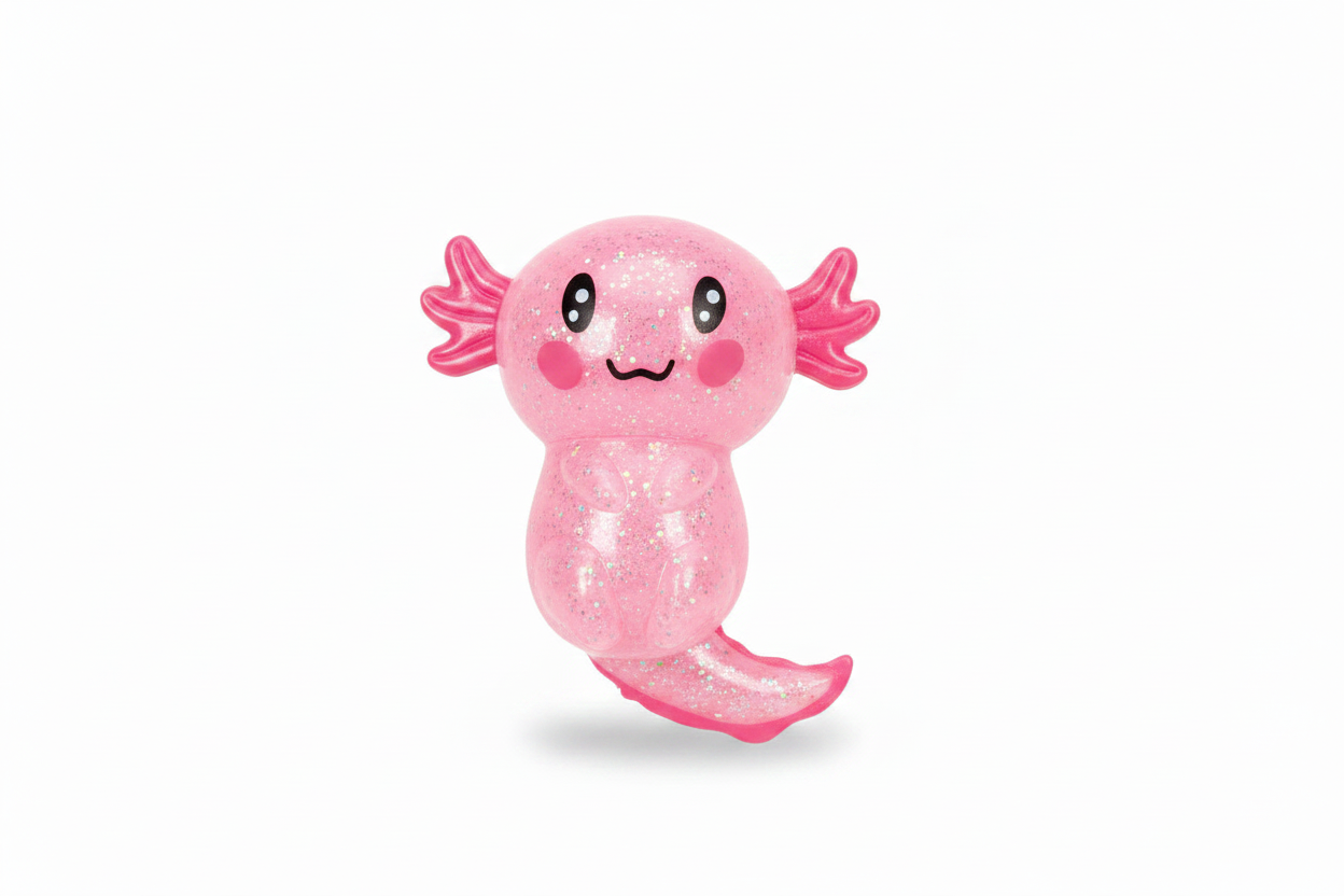 Pink, glittery axolotl squeeze toy with big black eyes, smiling mouth, and frilly gills; available in multiple sizes.