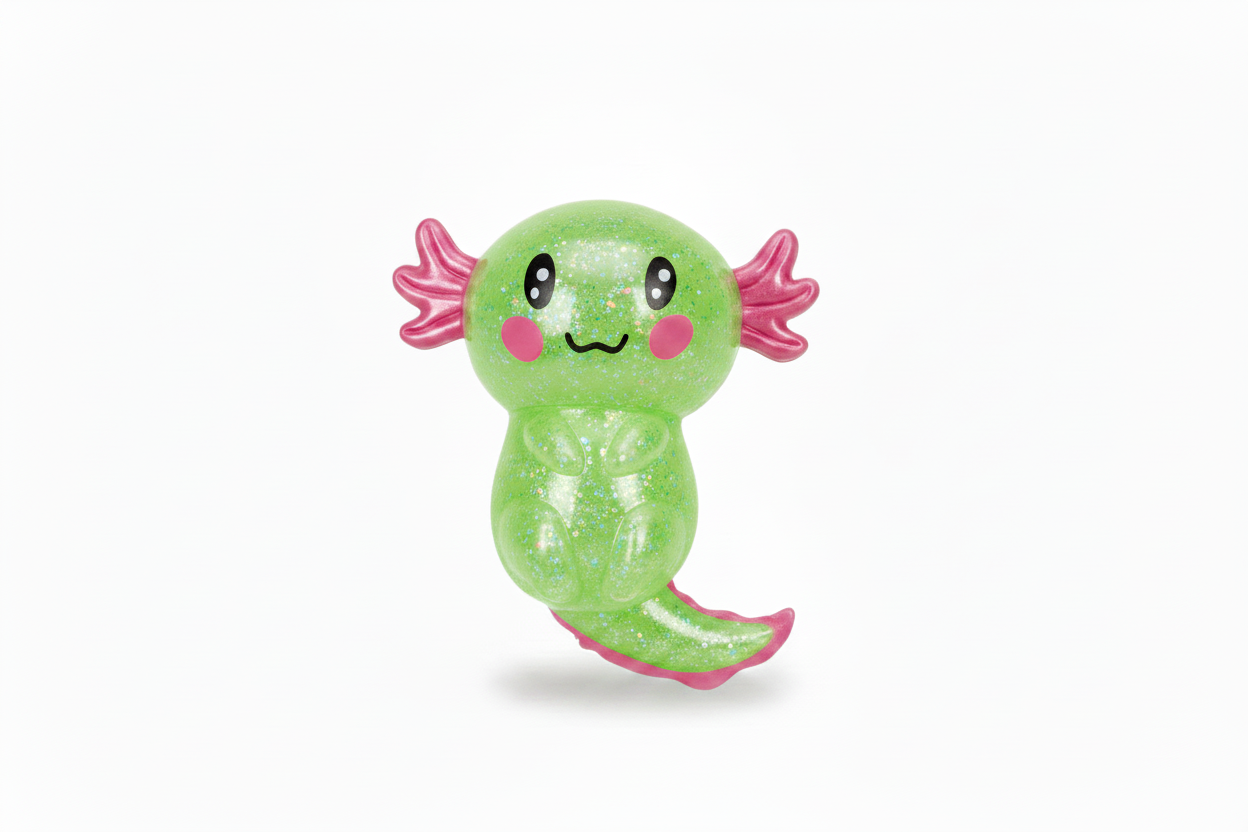 Green Cute Axolotl Squeeze Toy with pink frills, rosy cheeks, and a cheerful smile; available in multiple sizes.