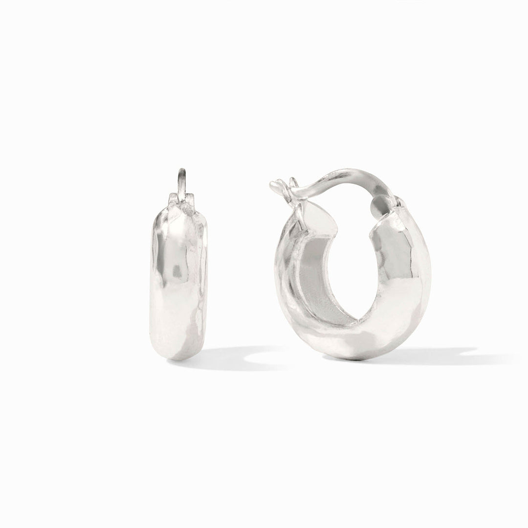 Small, chunky tarnish-free silver hoops with a hammered texture. Available sizes: small.
