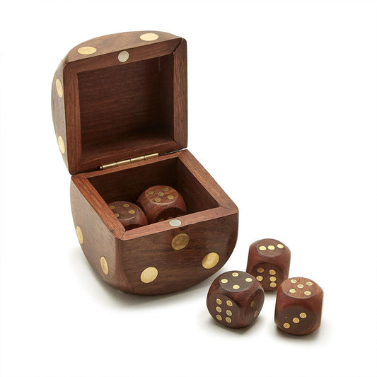 Acacia wood dice box shaped like a die, open to show three wooden dice inside. Available in small, medium, and large sizes.