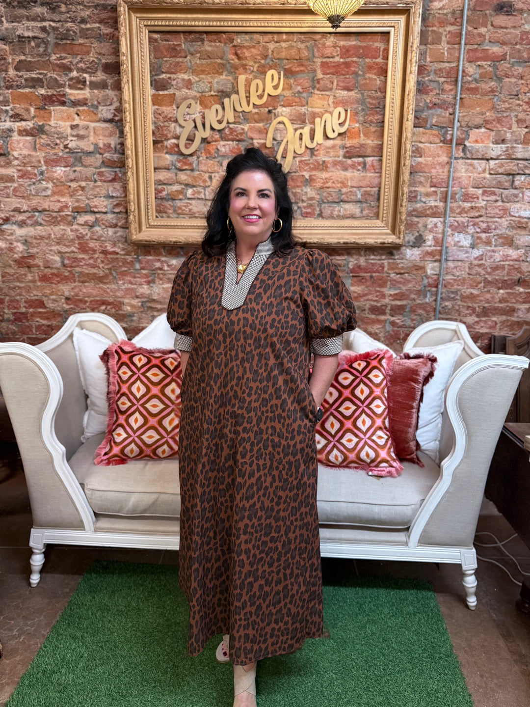 Brown Leopard Print Midi Dress with functional pockets, available in plus sizes.