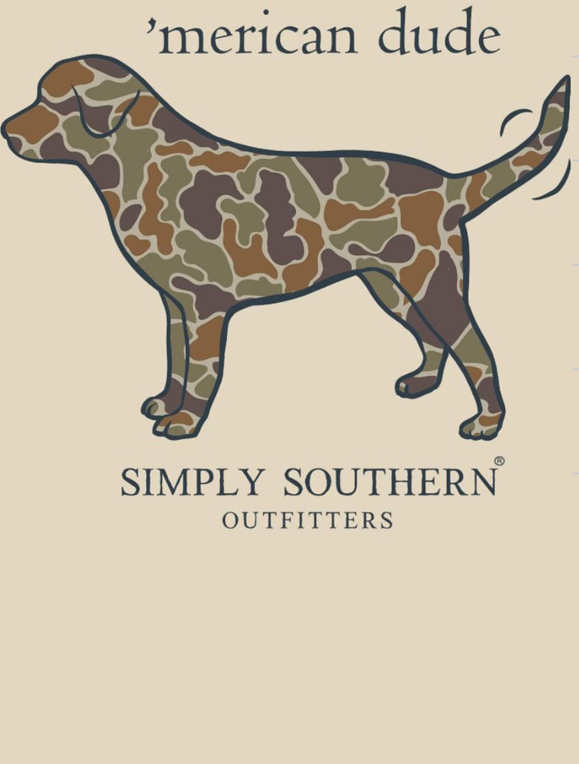 Illustration of a Camo Dog on a 100% Cotton short sleeve shirt with the text "American dude" and "Simply Southern outfitters" below it.