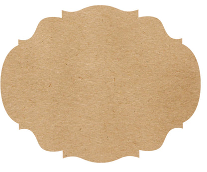 Blank brown kraft paper label with scalloped edges and textured surface; available in multiple sizes.