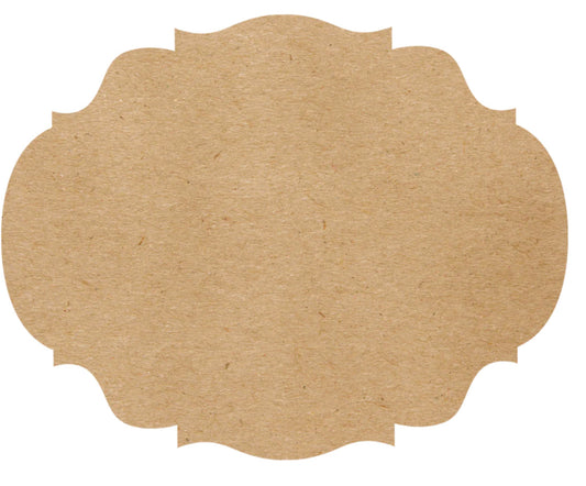 Blank brown kraft paper label with scalloped edges and textured surface; available in multiple sizes.