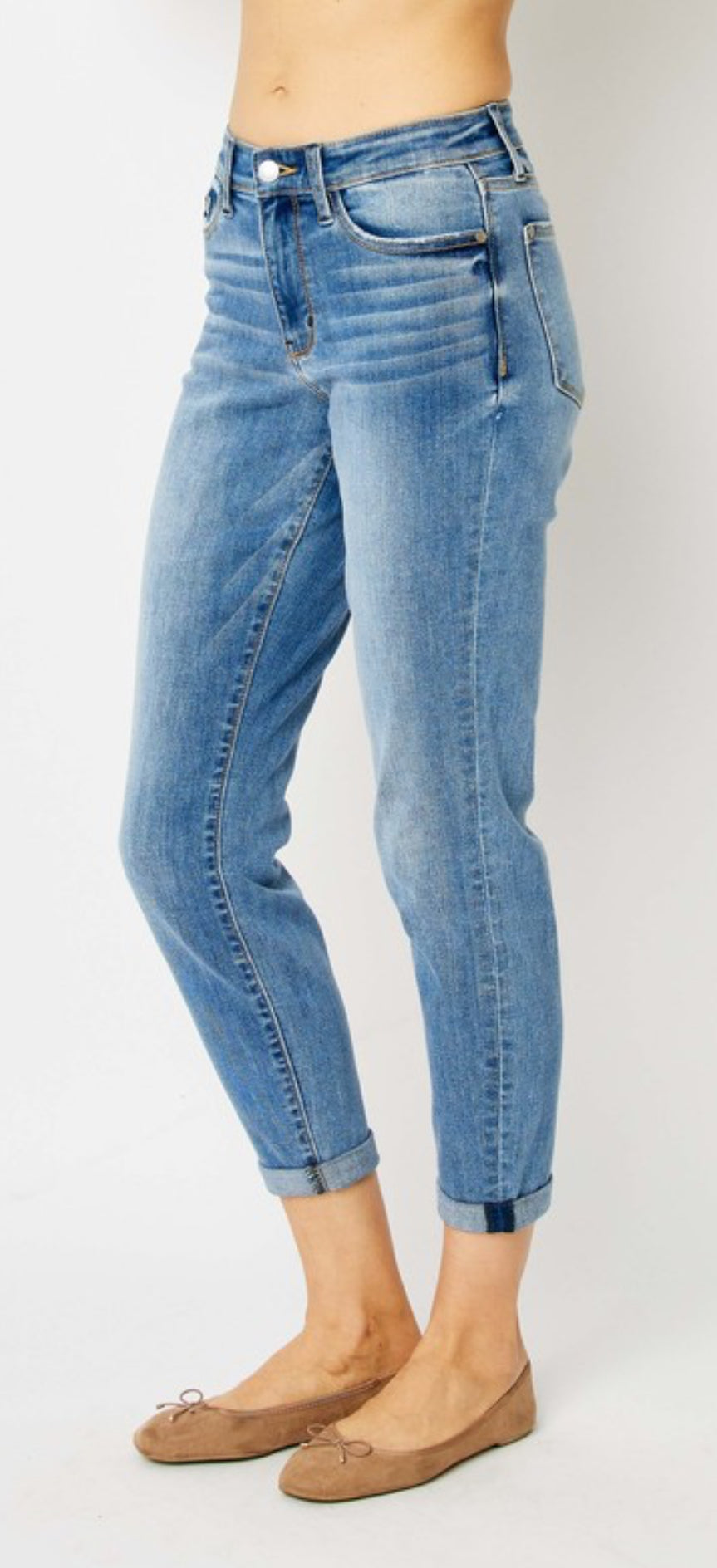 Light blue Judy Blue Mid Rise Slim Fit Cuffed Jeans. Available in sizes 0–20.