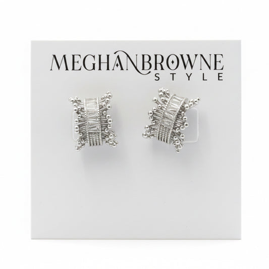 Nyra Silver Earrings with layered silver design, intricate geometric patterns, and beaded details. Sizes available: not specified.