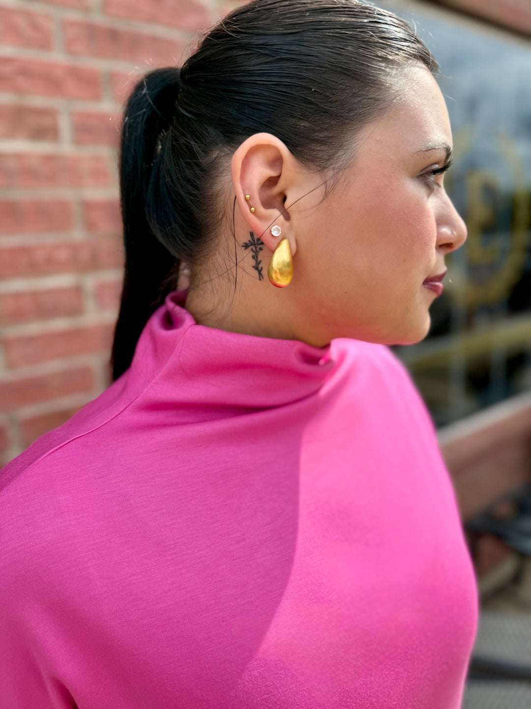 Pink Solid Mock Neck Pullover Dress with a sleek finish; available in sizes XS to XL.