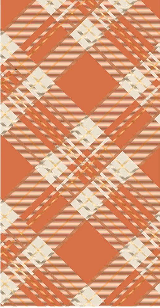 Orange Plaid Table Napkins feature a plaid pattern in orange, cream, and white with diamond shapes. Available sizes: 18″x18″ and 20″x20″.