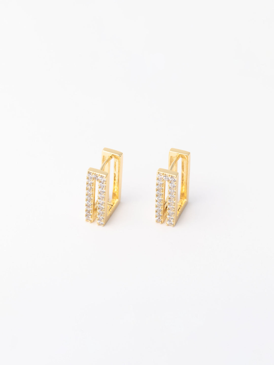 Delany 18k Gold Plated Earrings: rectangular design, two rows of white stones, hypoallergenic. Sizes available: S/M/L.