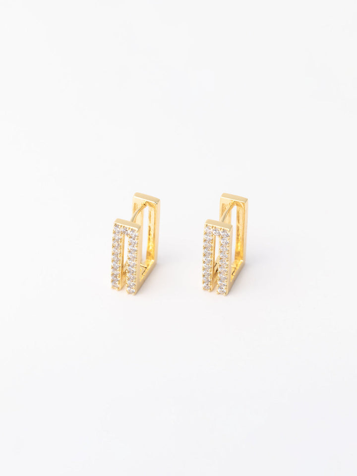 Delany 18k Gold Plated Earrings: rectangular design, two rows of white stones, hypoallergenic. Sizes available: S/M/L.