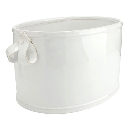 White oval ceramic bucket with glossy finish and small looped ribbon-style handle on one side. Available in multiple sizes.