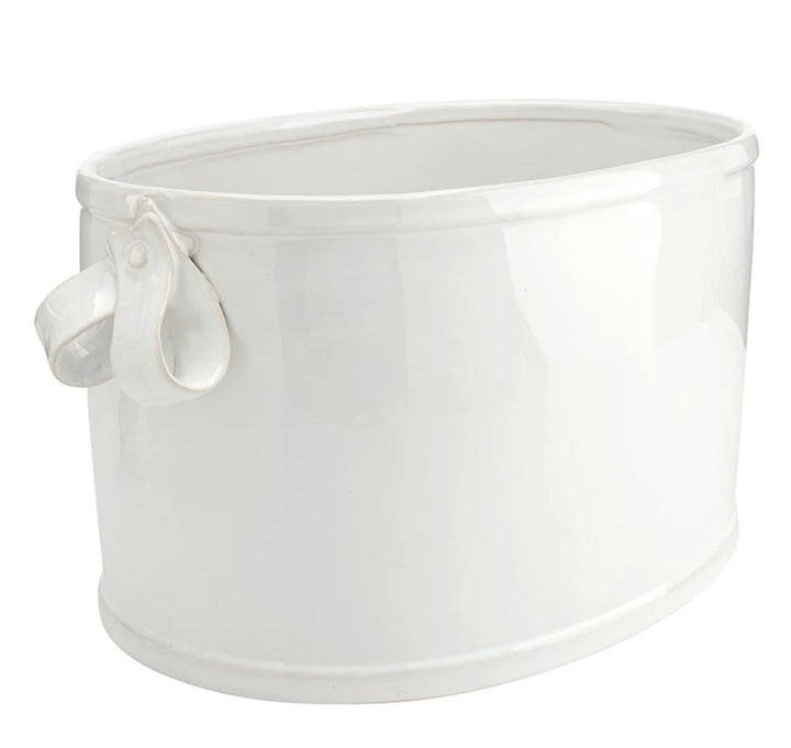 White oval ceramic bucket with glossy finish and small looped ribbon-style handle on one side. Available in multiple sizes.