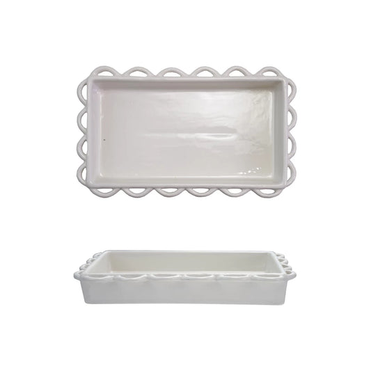 Rectangular white stoneware napkin holder with scalloped edge, shown from above and at an angle. Available in two sizes.