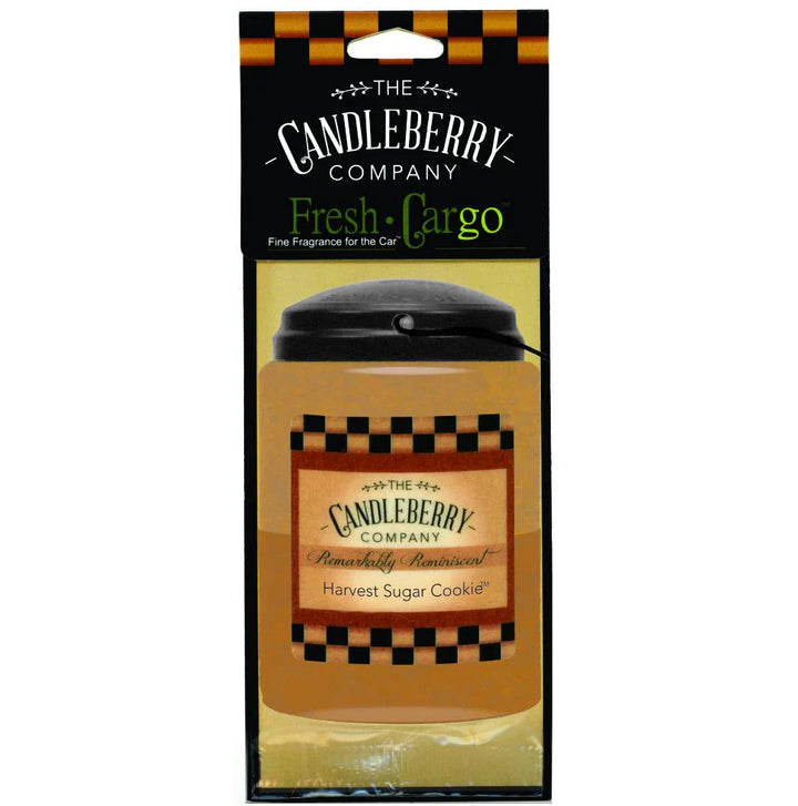 Jar-shaped Candleberry car freshener, black and gold label, Harvest Sugar Cookie scent. Available in standard car size.
