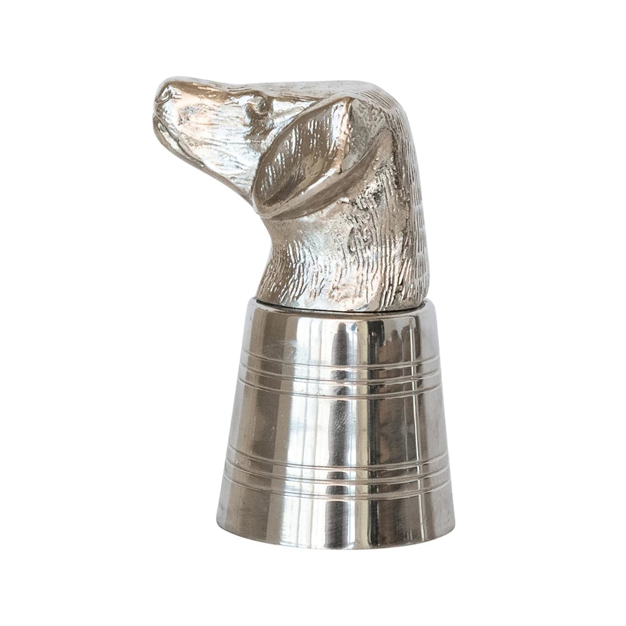 Cast iron stainless steel jigger cup with a detailed canine-head handle. Available sizes: 1 oz, 2 oz.