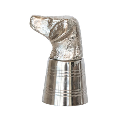 Cast iron stainless steel jigger cup with a detailed canine-head handle. Available sizes: 1 oz, 2 oz.