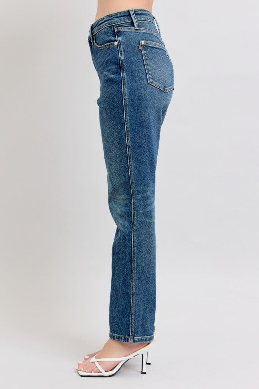 Judy Blue Rigid HW Straight Non-Destroy Jeans, blue straight-leg cut. Available in sizes 24-32.