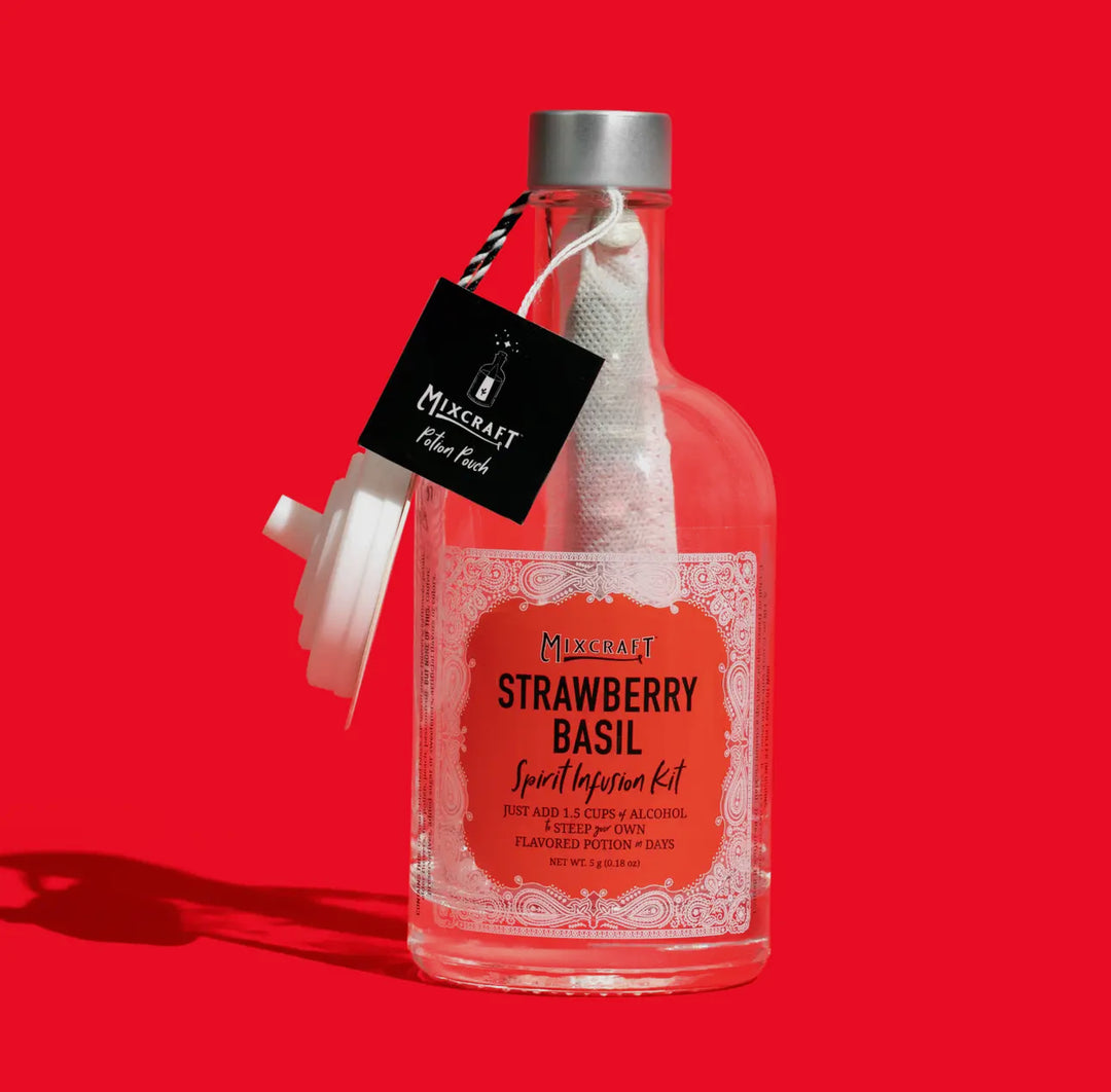 Clear Spirit InFusion Kit bottle, Strawberry Basil flavor, decorative label, white pour spout, black neck tag. Sizes: 375ml, 750ml.