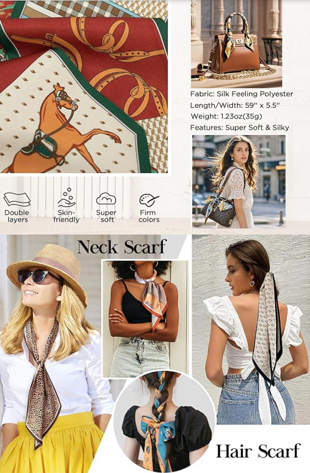 Silk Scarves with equestrian designs, satin texture, softness/versatility icons, available in multiple sizes.