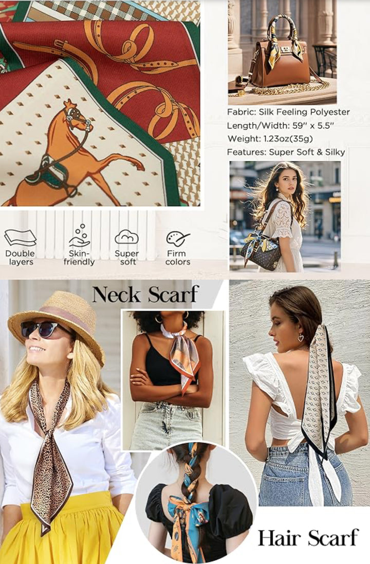 Silk Scarves with equestrian designs, satin texture, softness/versatility icons, available in multiple sizes.