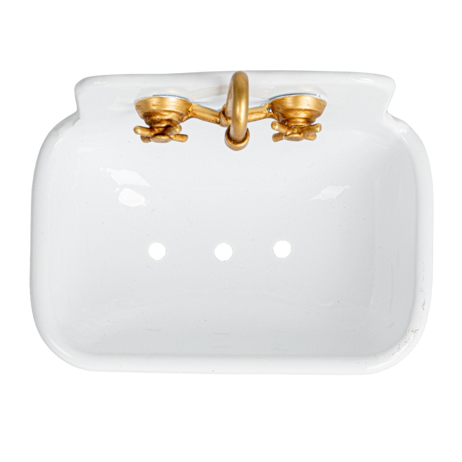 Metal sink soap dish, three drainage holes, two brass faucet handles on top; available in small and large sizes.