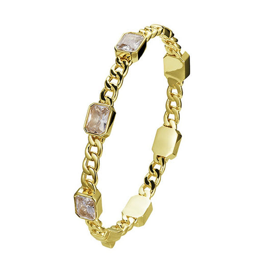 Rectangular clear gemstones in gold frames alternate with solid gold links. Sizes available: S, M, L. Elegant chain bracelet.