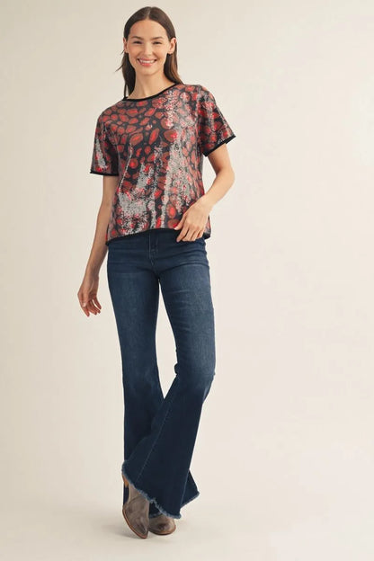 Red Sequin Covered Leopard Sweater Top, available in sizes XS-XL.